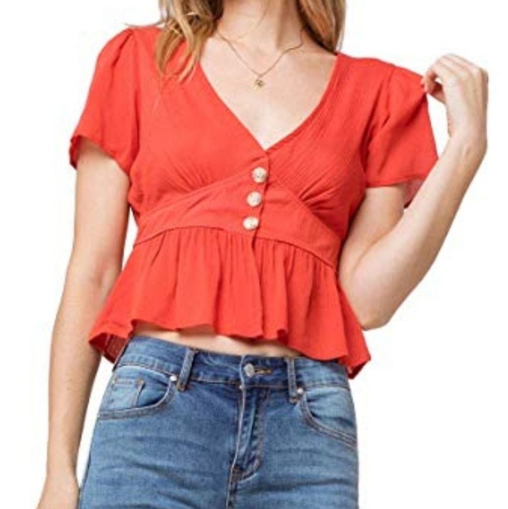 Sky and Sparrow Button Waist Peplum Crop Top
